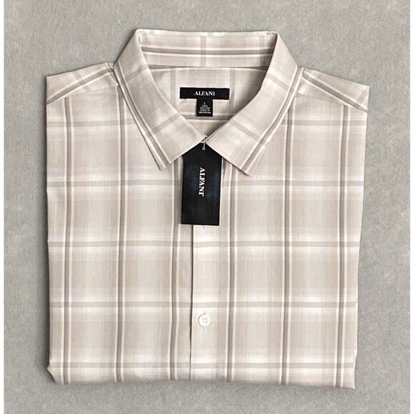 Alfani Men's XXL Button-Up Dress Shirt Light Brown Window Pane Cotton NEW - Picture 1 of 11